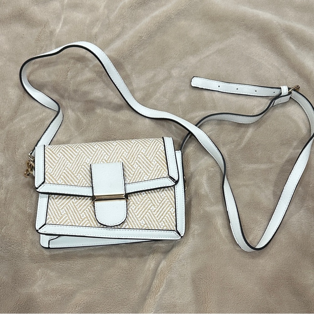 Aldo Cream & White Woven Crossbody with Gold Accent